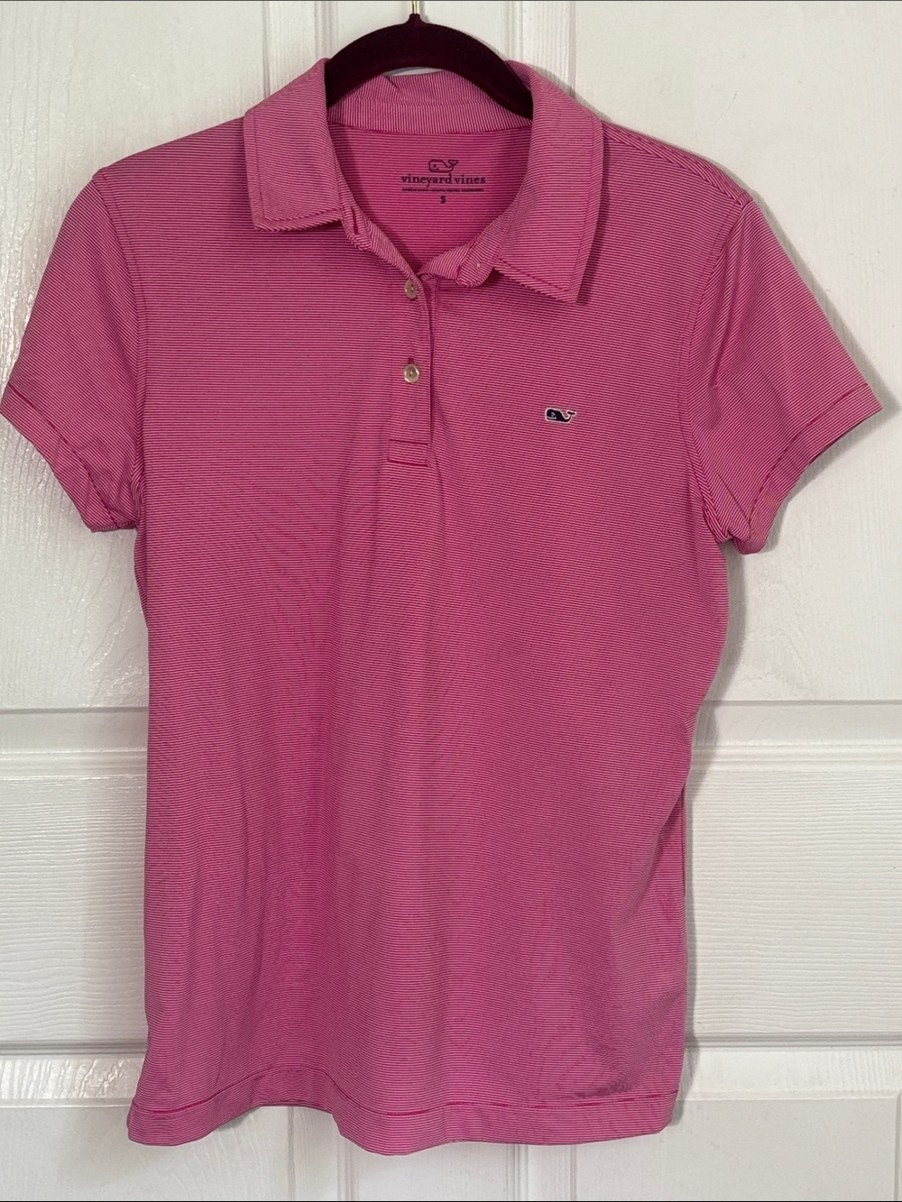 Vineyard Vines Striped Pink Whale Polo Top Size Small stretch Golf preppy Sporty